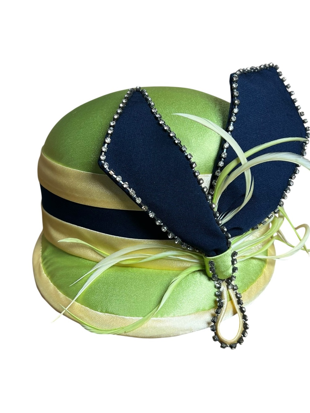 VTG ML Studio Green Satin Cloche Derby Church Hat Fascinator Cocktail Headpiece